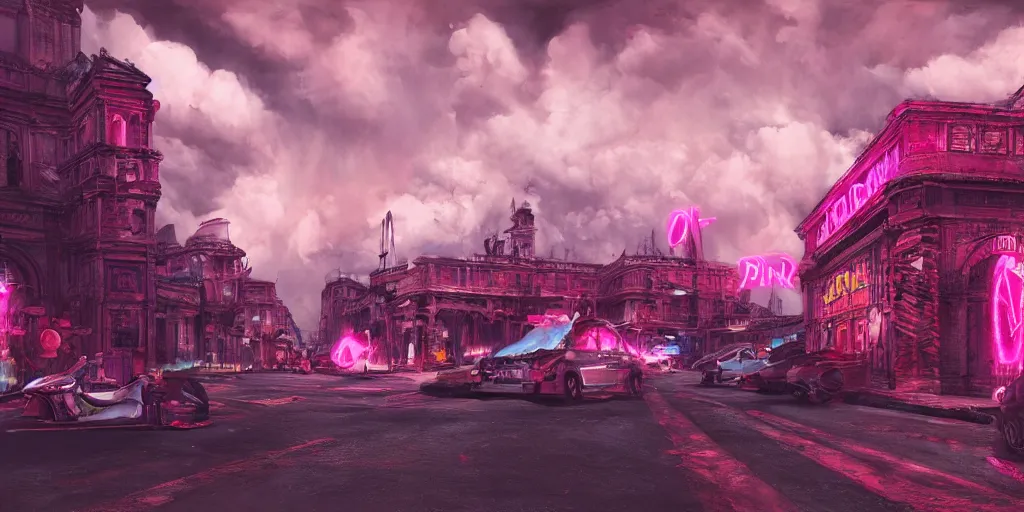 Prompt: oil painting, pink, rich deep colors masterpiece, punks, neon, ultra detailed, contrast, heaven pink, lots of roman arches, punk rock with mohawks, clouds, sky, volumetric light, atmospheric lighting, dramatic, cinematic, steampunk, moody, octane render 4 k, 8 k