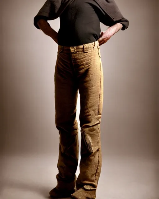Prompt: an award - winning photo of an ancient male model wearing a plain boot cut flared distressed medieval designer menswear trousers designed by comme des garcons, 4 k, studio lighting, wide angle lens, 2 0 0 4