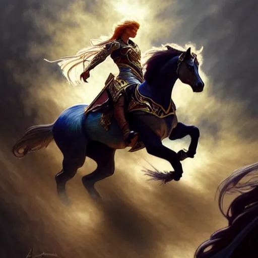 Image similar to Lionel Messi riding a majestic horse, D&D, fantasy, intricate, elegant, highly detailed, digital painting, artstation, concept art, matte, sharp focus, illustration, art by Artgerm and Greg Rutkowski and Alphonse Mucha