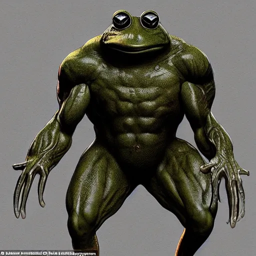 Prompt: a anthropomorphic frog - man with a tall, muscular physique and large dilated eyes, highly detailed concept art