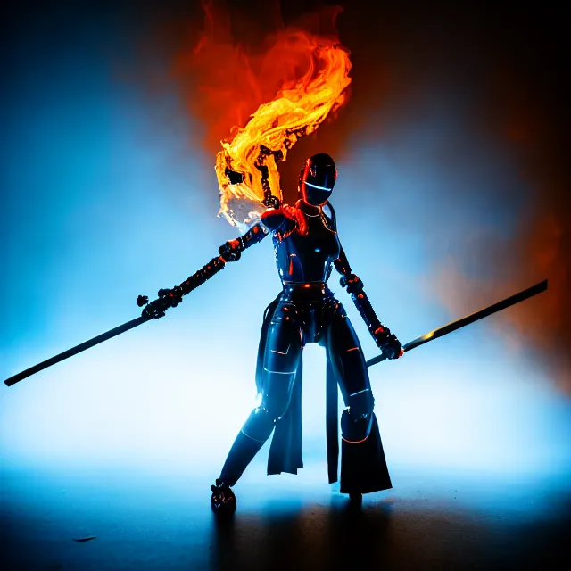 Image similar to robot woman fire dance holding katana, detailed bushido pose energy, shibuya prefecture, cinematic lighting, fog mist smoke, photorealistic, night photography by tomino - sama