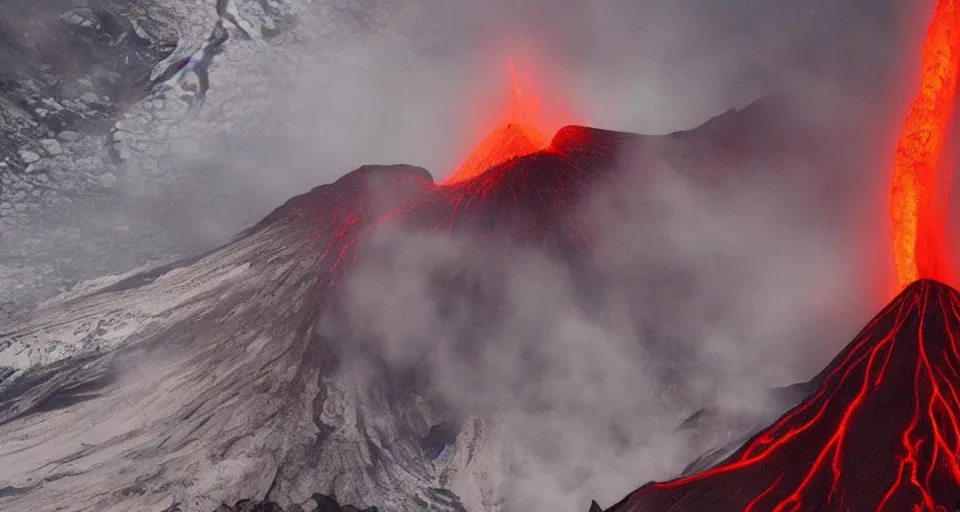 Image similar to a volcano made of ivory vines and crimson rocks enters in eruption, it spits a smoke in the shape of demonic eye, from Warcraft