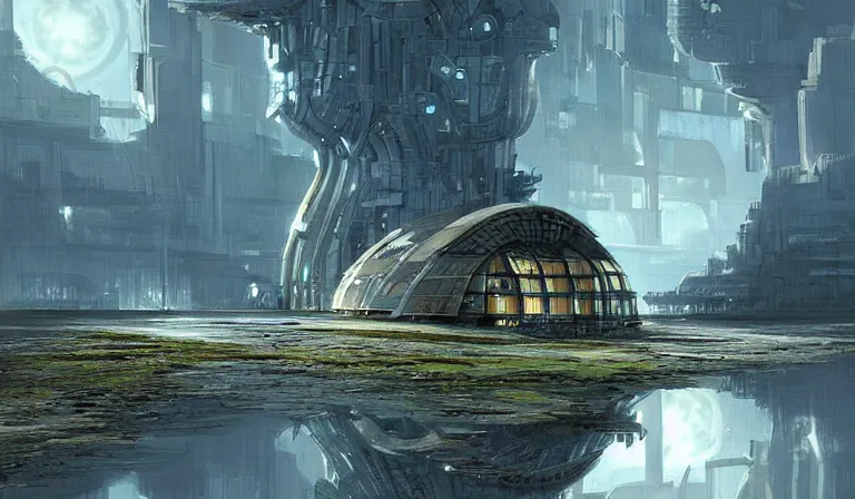 Prompt: A serene landscape with a singular building in the style of Stephan Martiniere.