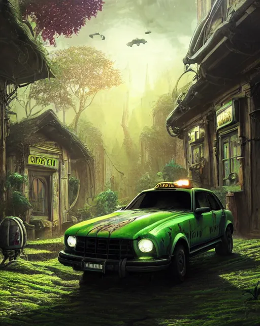 Prompt: xenomorph taxi car in a fantasy village, calming, uplifting mood, ultra realistic, farm, small buildings, highly detailed, atmosphere, masterpiece, epic lighting, elves, green plants, magic, illuminated, 4 k, cinematic, morning sun, art by eddie mendoza, sylvain sarrailh