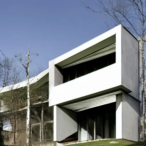 Image similar to second story elevated white brutalist home perched atop 2 equidistant separated large piers, double cantilevered design, large windows, elegant, white stone, proportion, golden ratio, epic composition, steel window mullions, cars parked underneath