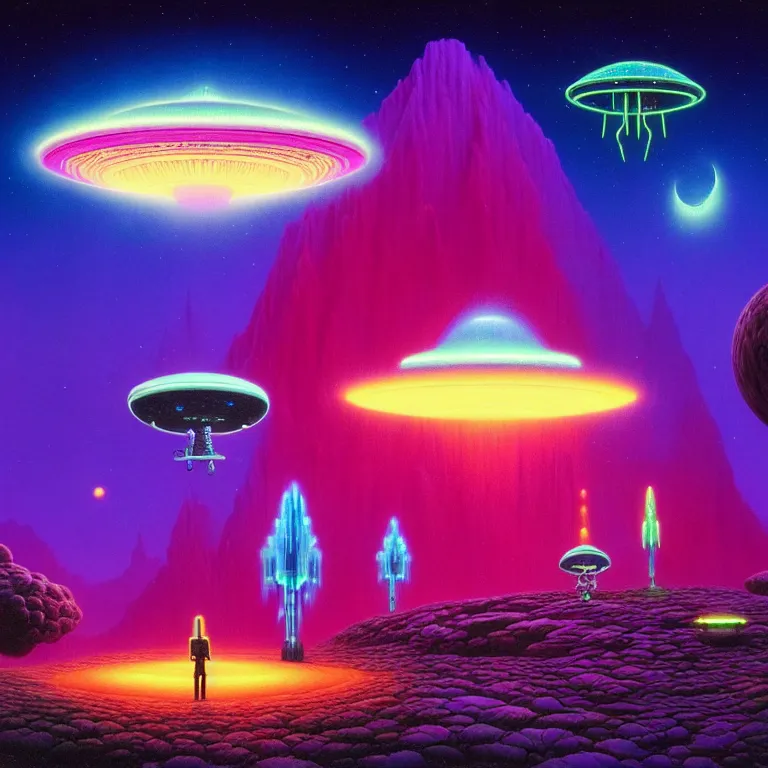 Prompt: mysterious ufo dieties hovering over magical crystal temple, psychic waves, synthwave, bright neon colors, highly detailed, cinematic, tim white, michael whelan, roger dean, bob eggleton, lisa frank, vladimir kush, kubrick, kimura, isono