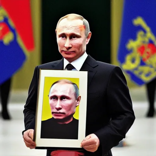 Image similar to putin is holding a picture of putin holding a portrait of putin