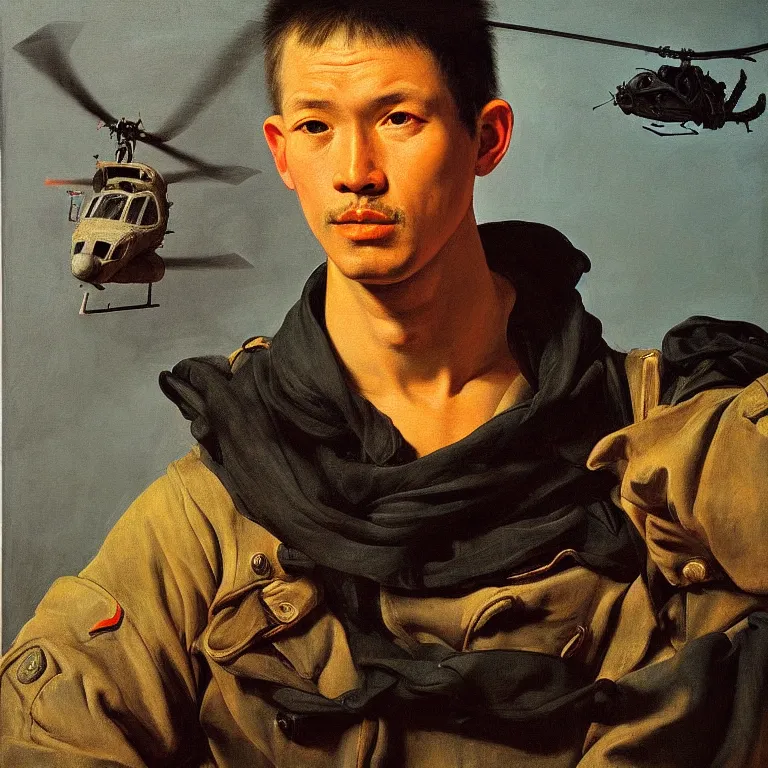 Prompt: portrait of a vietnam war soldier, majestic, posing in flying helicopter, fine art portrait painting, strong light, clair obscur, by caravaggio, by diego velazquez, by jean honore fragonard