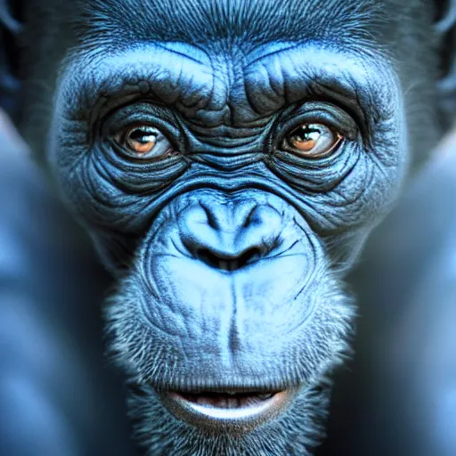 Image similar to a blue chimp is lying on his back, looking at the stars, 4 k, photo, beautiful, trending on artstation