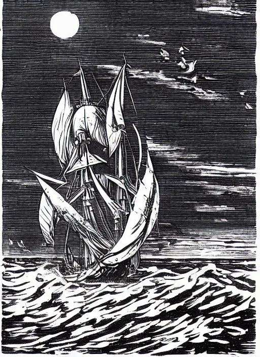 Image similar to galleon on the high seas big waves moonlight, art by james o barr and albrecht durer, woodblock print, engraved, black and white, vector, vector art