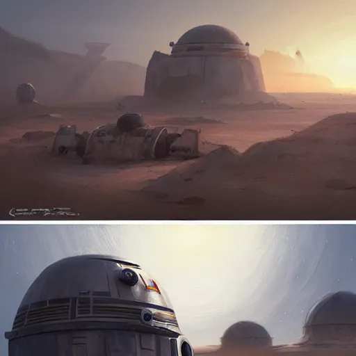 Image similar to star wars concept art of tatooine by greg rutkowski, cinematic lighting, evening light, nostalgic atmosphere.