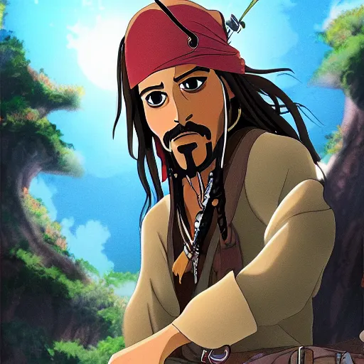 Prompt: Jack Sparrow as an anime character from Studio Ghibli. Extremely detailed. Beautiful. 4K.