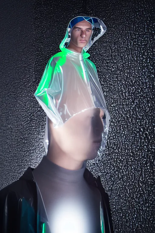 Image similar to an ultra high definition professional high fashion portrait studio full length photograph of a male model wearing a transparent pearlescent raincoat and neon visor in an icelandic black rock environment at dawn. no artefacts. extremely detailed. stark. refraction. shallow depth of field. volumetric light and shadow. ray tracing. light rays.