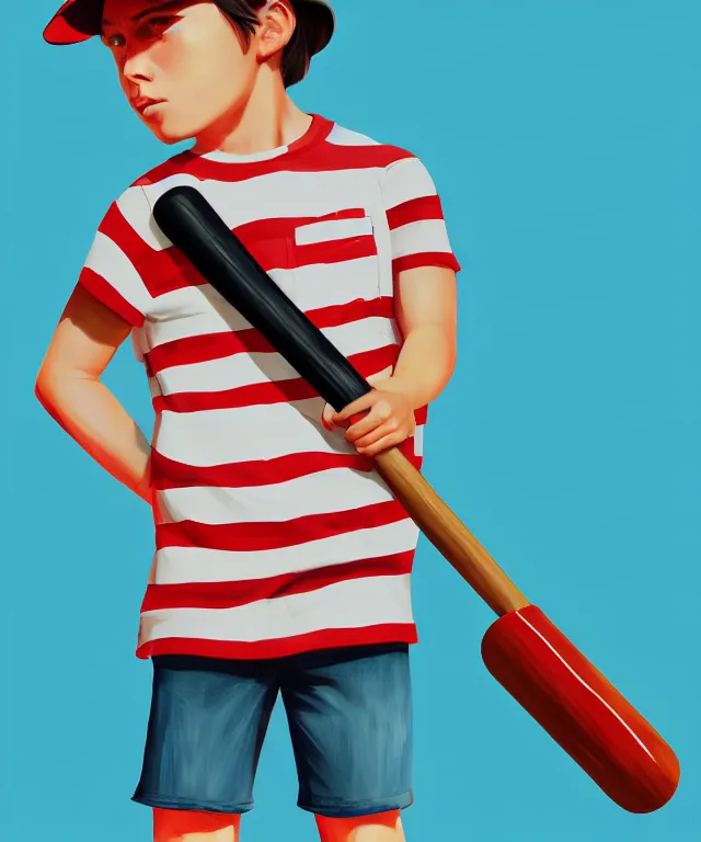 Image similar to a young boy wearing a horizontal striped shirt and a red baseball cap and jean shorts, holding a baseball bat, centered composition, digital painting, artstation, concept art, sharp focus, octane render, illustration, art by james jean,