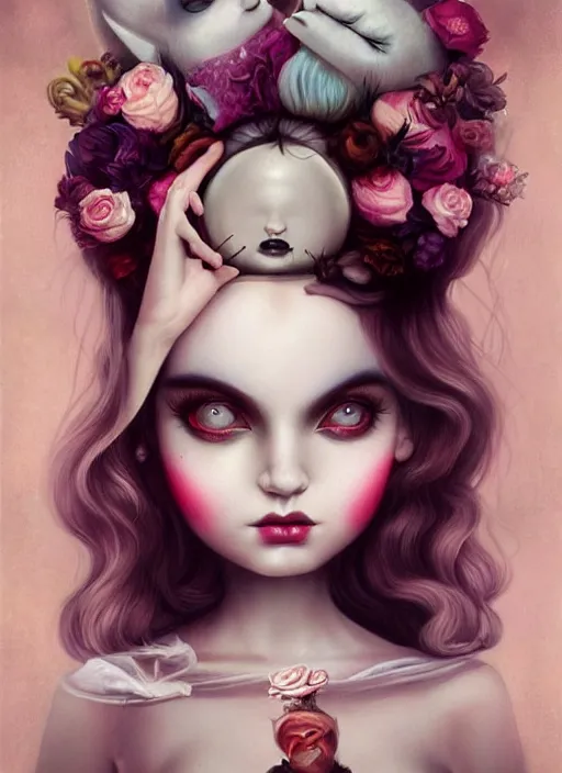 Image similar to pop surrealism, lowbrow art, realistic cute seductive alice girl painting, romantic gown, hyper realism, muted colours, rococo, natalie shau, loreta lux, tom bagshaw, mark ryden, trevor brown style,