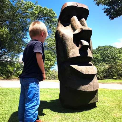 Image similar to a kid looking very dissapointed that his birthday present was a very large moai statue | iphone photograph