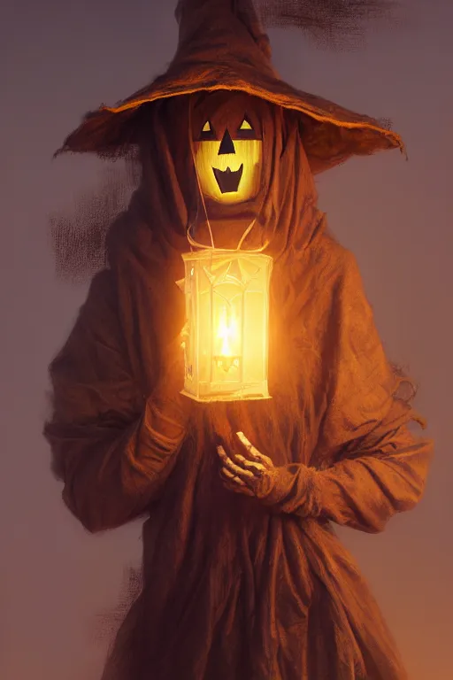 Prompt: portrait of a haunted scarecrow, burlap bag head, holding a lantern, halloween night, charlie bowater, artgerm, ilya kuvshinov, krenz cushart, ruan jia, realism, ultra detailed, 8 k resolution