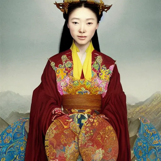 Image similar to a highly detailed portrait of a medieval chinese princess, beautiful detail and color, art by john collier and albert aublet and krenz cushart and artem demura and alphonse mucha, volumetric lighting, octane render, 4 k resolution, matte, sharp focus, illustration, art by jacque - louis david, baroque style