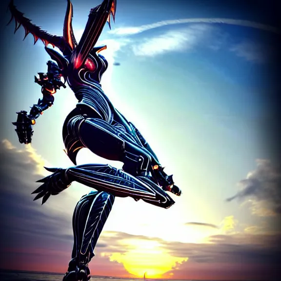 Prompt: looking up at a highly detailed 300 foot tall giant elegant exquisite beautiful stunning valkyr female warframe, as an anthropomorphic robot dragon, posing elegantly over your tiny form, detailed legs looming over you, camera on the ground, at the beach on a sunset, sleek streamlined design, matte black armor with pink accents, sharp detailed claws, detailed sharp robot dragon feet, worms eye view in front of giantess, giantess shot, camera close to the legs, upward shot, ground view shot, leg shot, front shot, epic cinematic shot, high quality warframe fanart, captura, realistic, professional digital art, high end digital art, furry art, giantess art, anthro art, DeviantArt, artstation, Furaffinity, 8k HD render, epic lighting