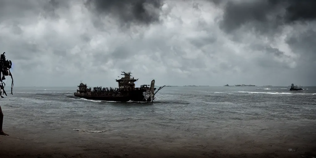 Prompt: sri lankan mad max style, ocean, big ship, film still, epic shot cinematography, rule of thirds