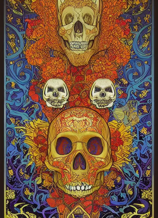 Image similar to intricate mickey mouse skull carving art, background are varities of superhot chili peppers, bhut jolokia, carolina reaper, voronoi, fibonacci sequence, by Moebius, Alphonse Mucha, hiroshi yoshida, Art Nouveau, cgsociety, complementary colour scheme, ultradetailed, vivid colour, 3d