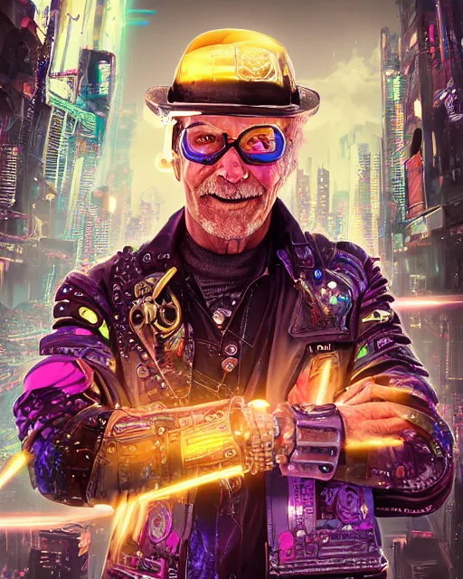 Prompt: an intimate portrait of a gnarly human cyberpunk captain, old skin, faded fedora, charming, strong leader, metal eye piece, a look of cunning, big smile, detailed matte fantasy painting, golden cityscape, lasers, sparks, pink and blue and white