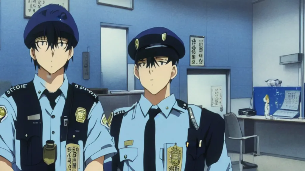 Image similar to a cop wearing a blue skunk mask standing in a police station, anime film still from the an anime directed by Katsuhiro Otomo with art direction by Salvador Dalí, wide lens