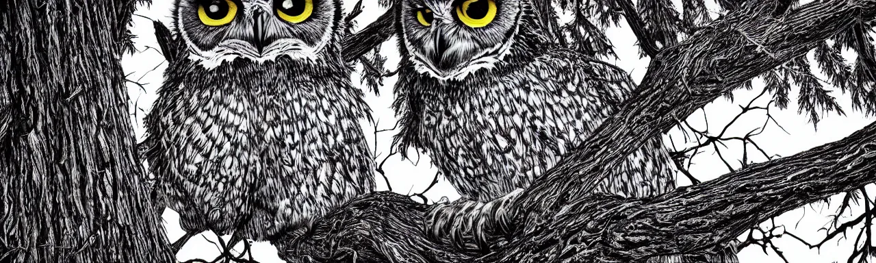 Prompt: beautiful hyperrealist highly detailed cinematic lighting nature photograph of a great horned owl on a tree branch, symmetrical full body, beautiful high contrast woodcut, moebius and charles burns comic style, shocking detail trending on artstation 8 k