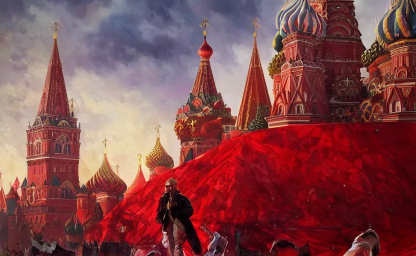 Image similar to Putin in Red Square full of blood, fantasy, intricate, highly detailed, digital painting, artstation, concept art, smooth, sharp focus, illustration, art by artgerm and greg rutkowski and alphonse mucha