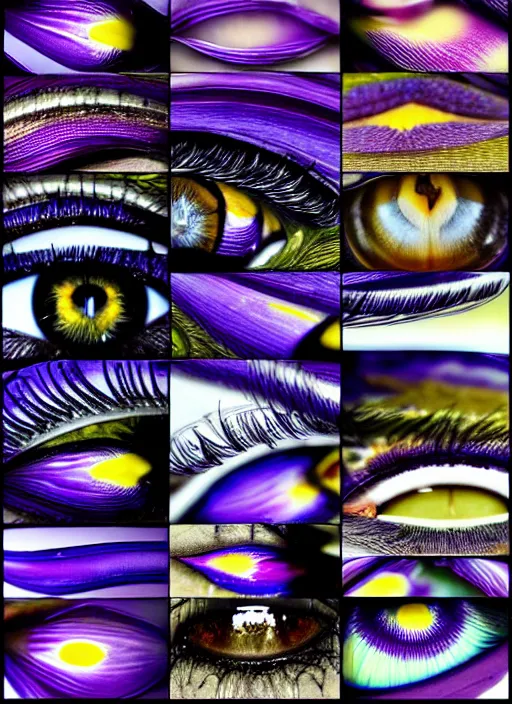 Image similar to montage of thin ringshaped irises, detailed colored textures, eyelashes, advanced art, art styles mix, from wikipedia, wet relections in eyes, sunshine, hd macro photograph, from side, grid o various eye shapes