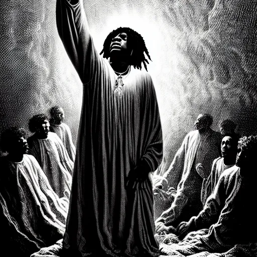 Image similar to chief keef ascending into heaven holding cup of lean and blunt, biblical image, style of gustave dore, highly detailed, beautiful, high contrast, black and white