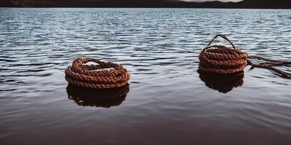 Image similar to a bundle of rope floating in the water in the middle of a lake, a rocky shore in the foreground, mountains in th ebackground, sunset, a bundle of rope is in the center of the lake, eerie vibe, leica, 2 4 mm lens, 3 5 mm kodak film, directed by charlie kaufman, f / 2 2, anamorphic