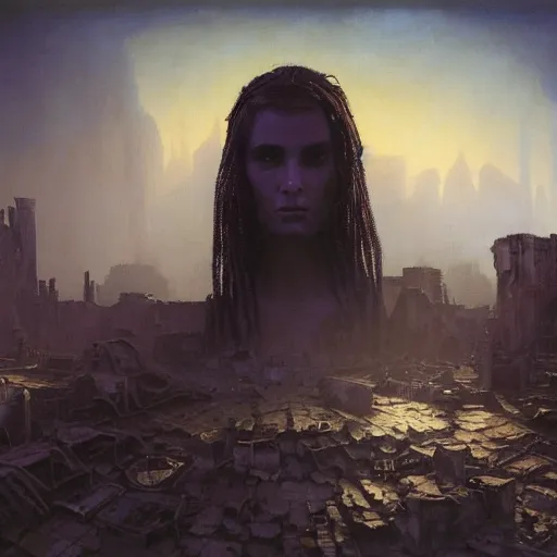 Image similar to a portrait of a young woman wearing a long dark cloak, performing on an various esoteric looking electronic music devices and an enormous modular synthesizer rig amidst the ruins of deserted and decaying city, oil painting, matte painting, Volumetric Golden dappled dynamic lighting, Highly Detailed, Cinematic Lighting, Unreal Engine, 8k, HD, by Beksinski