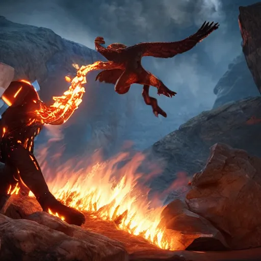 Image similar to prometheus midair with the stolen fire in one hand the other hand streched to prevent a collission. concept art octane render hyperrealistic unreal engine