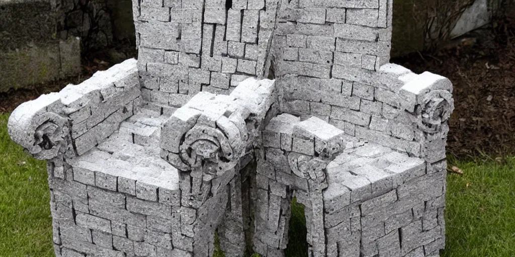 Prompt: Haunted Chair made out of bricks in a cemetery