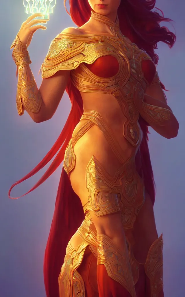 Image similar to symmetry full body portrait of lina, dota 2, global illumination. close - up shot. intricate, elegant, highly detailed, digital painting, artstation, concept art, smooth, sharp focus, illustration, art by artgerm and greg rutkowski and alphonse mucha