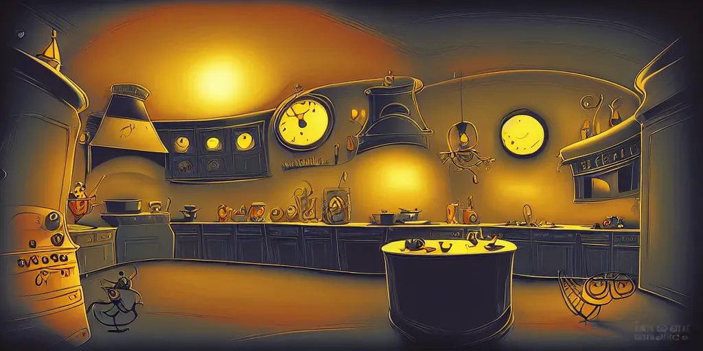 Prompt: curved perspective digital art of a kitchen dark colors from Tim Burtons Nightmare Before Christmas by Petros Afshar