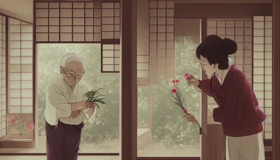 Prompt: old japanese man giving flowers to his wife, japanese house, romantic, drawing, light through windows, hyperdetailed, artstation, cgsociety, 8 k