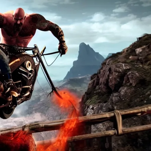 Image similar to kratos jumping a black harley - davidson motorcycle off a cliff, cinematic render, playstation studios official media, god of war 2 0 1 8, flames, centered