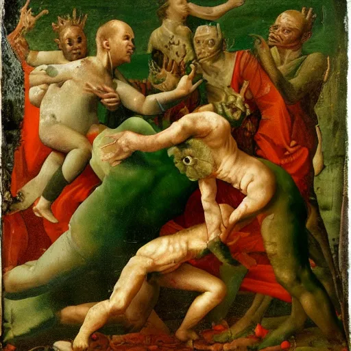 Prompt: stinky little man with green skin, sharp teeth, and many open wounds, renaissance painting