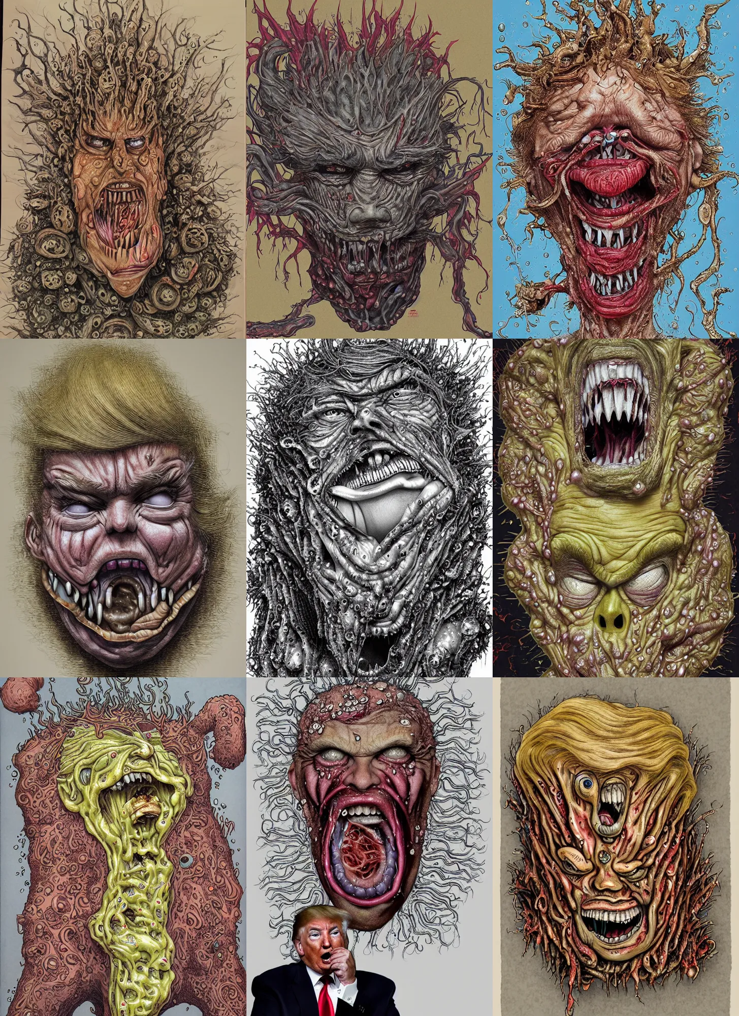 Prompt: donald trump's disgusting true form bursting from within, gross, slimy, sleazy, pustules, high details, intricate details, by feng zhu