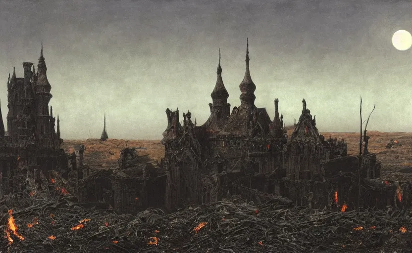 Prompt: a picture in high contrast by vasily vereshchagin of burning!!! gothic! castle in smoke and ashes by the village, full moon in clouds!, visual art, 8 k resolution, 3 d modelling, hard lighting, masterpiece, vray