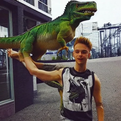 Prompt: an old photograph of taddl ( tj _ beastboy ) riding a real dinosaur, exciting