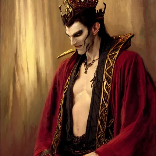 Image similar to perfectly centered portrait of attractive vampire king in a robe sitting on a throne of bones, highly detailed painting by gaston bussiere, craig mullins, j. c. leyendecker, 8 k