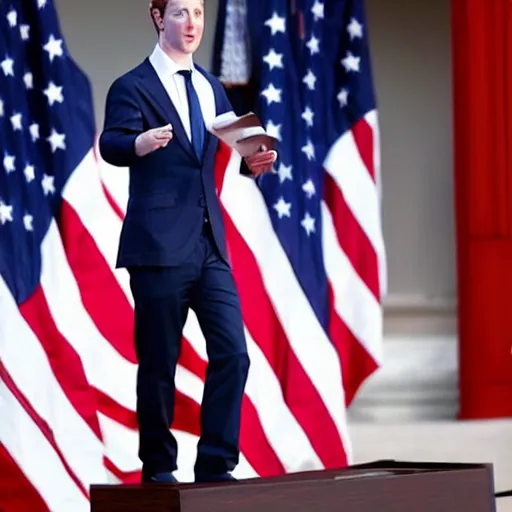 Image similar to mark zuckerberg as the president of the united states wearing a suit standing at the presidential podium