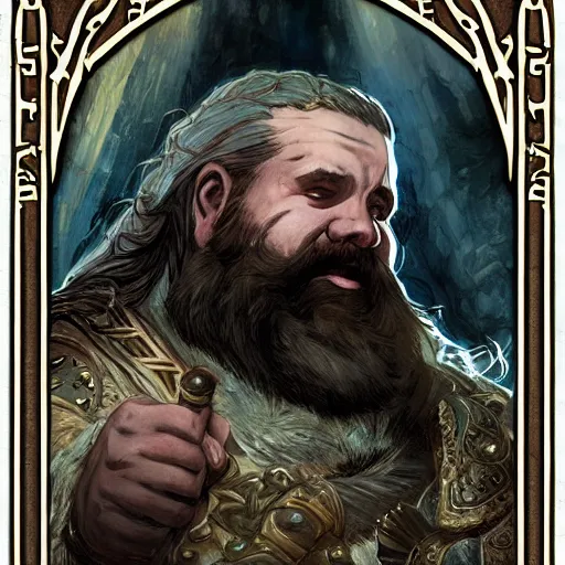 Prompt: Kalgor of the crystal caves. Dwarven explorer. Epic portrait by james gurney and Alfonso mucha (lotr, witcher 3, dnd, dragon age).