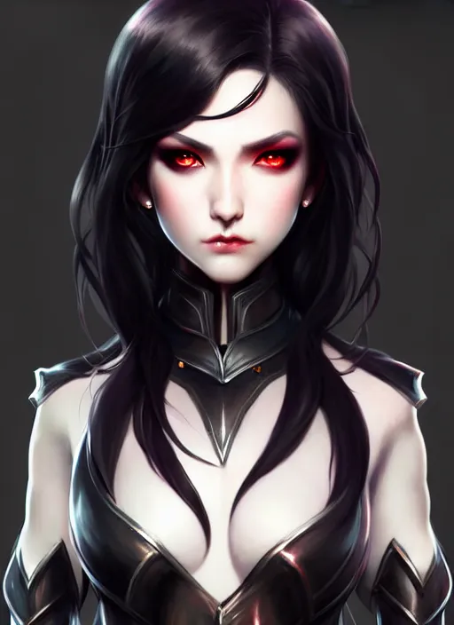 Image similar to full plate armor!!! beautiful and elegant dark hair female vampire!! gorgeous ayes!! character concept art, sharp focus, octane render! unreal engine 5! highly rendered!! trending on artstation!! detailed linework!! illustration by artgerm, wlop, and chie yoshii