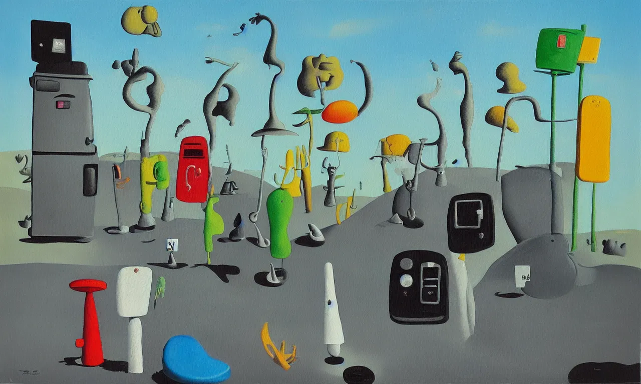 Image similar to “a painting in the style of Yves Tanguy , a parking meter stands in the middle of a desert. Next to the parking meter we see a priest, a woman in a green dress , and a rhinoceros ”