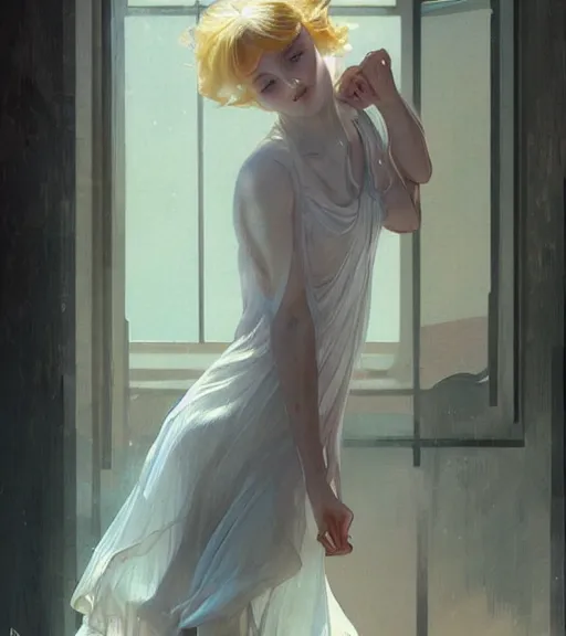 Image similar to Blonde girl in the roaring twenties wearing a dress, digital painting, smooth, elegant, hd, art by WLOP and Artgerm and Greg Rutkowski and Alphonse Mucha