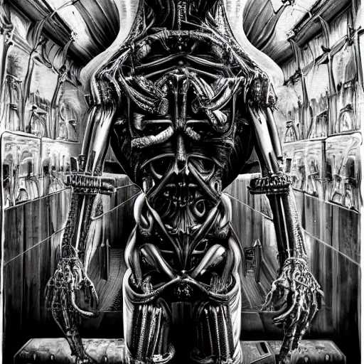 Image similar to the blasphemous caricature of the human body, cyborg, hyperealistic detailed photography, divinity, awful, religious art, cyberpunk, by h. r. giger